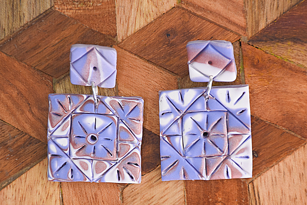 Geometric Blue Lace Circle Earrings in Super-Light Wood