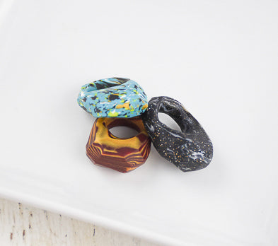 Faux Faceted Rings, 1 brown, 1 black, 1 turquiose