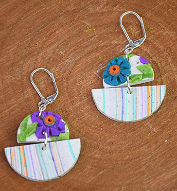 Granite Marble Slab Earrings with purple and blue flowers on them