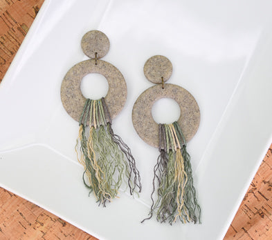 Premo Gray Granite hoop earrings with hemp cord knotted tassels