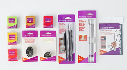 Visual of supplies needed for Sculpey Soufflé™ Silkscreen Slab Earrings