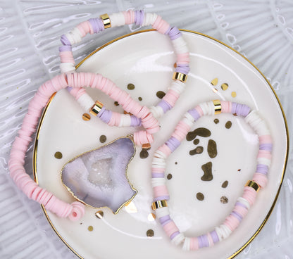 Premo Light Pink Heishi Stack Bracelets with druzy stone focal bead