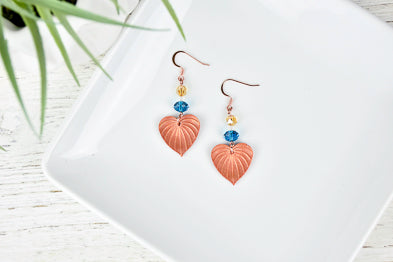 Copper Leaves Earrings with blue and yellow detail