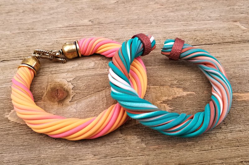 Twisted clay bracelets made using a clay extruder and Sculpey polymer clay.