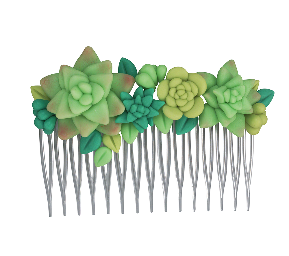Handcrafted polymer clay "Succulent Hair Comb" featuring realistic and artistic clay succulent plant designs.