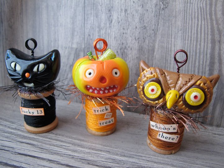 Handmade Halloween-themed clay project holders from Sculpey polymer clay.