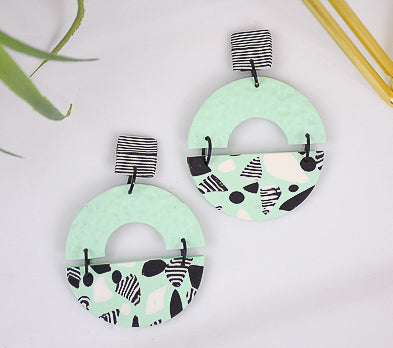 Mint Green Faux Terrazzo Earrings with black and white detail