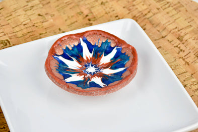 Copper Cling Dish with a Blue and White Flower design