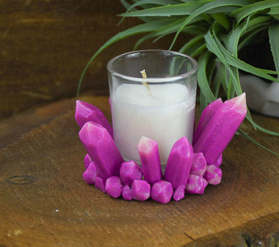 Violet Glitter Crystal Votive with a candle

