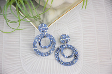 Blue Silkscreened Multi-Circle Earrings


