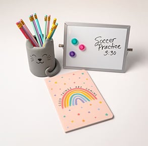 A pencil cup shaped like a cat with a rainbow notebook, and a whiteboard.