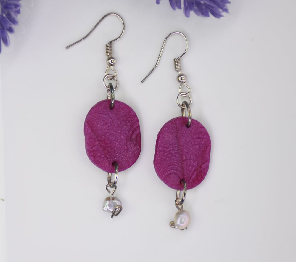 Final image for Sculpey Premo™ Blackberry Pearl Coin Dangle Earrings
