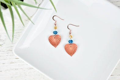  Copper Leaves Earrings with blue and yellow detail

