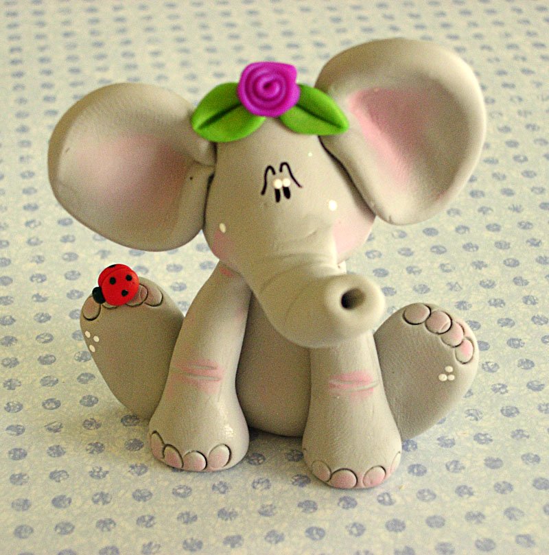 Premo! Spring Elephant with Fuchsia Rose and Ladybug